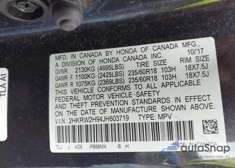 2018 Honda Cr-V Touring из США, поврежденный, VIN 2HKRW2H94JH603719